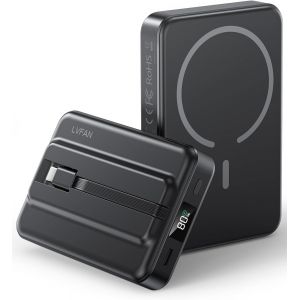 JGD-Mag-Safe Chargeur portable sans fil magn&eacute;tique 10 000 mAh avec c&acirc;ble USB-C int&eacute;gr&eacute;, charge rapide PD pour iPhone 17/16/15, Samsung Galaxy, Google Pixel - Neuf