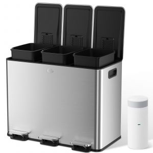 Poubelle de Cuisine YASHE 45L, 3 Compartiments en Acier Inoxydable, P&eacute;dale, 20 Sacs, Seaux Amovibles, 3x15L, Meuble Pratique et Durable - Neuf