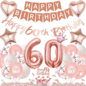 SJZG-D&eacute;coration 60E Anniversaire Femme Or Rose U2013 60 Ballons De D&eacute;coration D'Anniversaire Happy Birthday Guirlande De G&acirc;teau D&eacute;coration De G&acirc;teau Ballon G&eacute;ant Et Confettis Pour 60E Anniversaire - Neuf