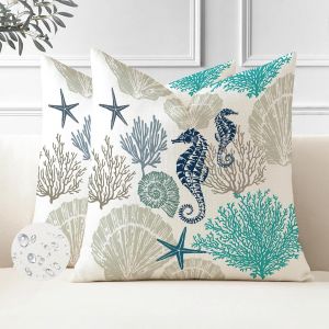Cauc-Lot De 2 Printemps Housse De Coussin 50 X 50 Cm &Eacute;t&eacute; Taie D'oreiller Exterieur Impermeable Oc&eacute;an Tortue Hippocampe Moderne Housse Coussin En Polyester Carr&eacute; Pour Patio Jardin Maison Salon - Neuf