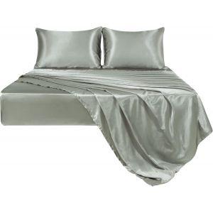 Parure De Lit 4 Pièces En Satin Doux Et Soyeux En Polyester Avec 2 Taies D'oreiller Enveloppantes, Drap-Housse Élastique À Poche Profonde, Très Grand Lit Gris Cendré - Neuf
