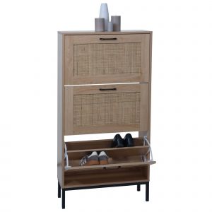 Armoire &agrave; chaussures HWC-N92, Meuble &agrave; chaussures, 3 compartiments fa&ccedil;ade en rotin m&eacute;lamine, 126x63x24cmaspect ch&ecirc;ne - Neuf