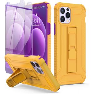 Maa-Coque Pour Iphone 12 Pro Max Avec 2 Verres Trempés Et Support - Antichoc, Anti-Rayure, Pc Rigide, Tpu Souple, Bumper Etui 6,7'' Jaune - Neuf