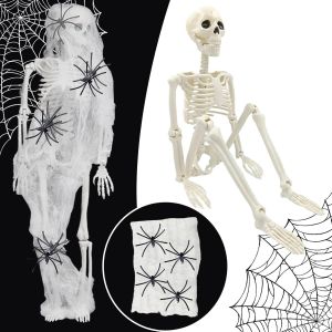 CAUC-D&eacute;coration d'halloween Squelette 40 cm et Toile d'araign&eacute;e Blanche, Squelettes Humains R&eacute;alistes, D&eacute;coration Effrayante pour Jardin Ext&eacute;rieur, F&ecirc;te &agrave; Th&egrave;me Effrayante &agrave; l'int&eacute;rieur - Neuf