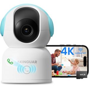 4k/8mp Indoor Wifi Surveillance Camera,2.4g/5ghz 360&deg; Ip Baby Camera,Person/Animal/Crying Detection,Two-Way Audio,Night Vision,With 64gb Memory Card - Neuf