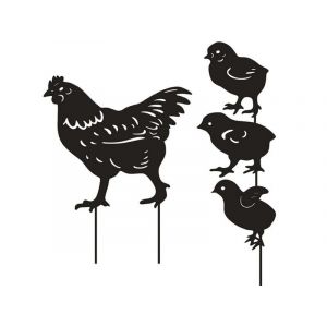 Lot de 4 statues de jardin en m&eacute;tal repr&eacute;sentant une poule et des poussins, avec piquets, pour d&eacute;coration ext&eacute;rieure - Neuf