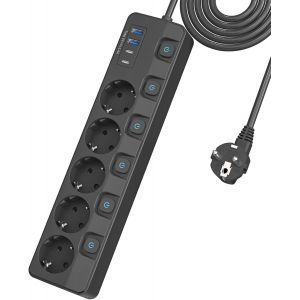 CHENG-Multiprise avec Interrupteurs individuels (16A/4000W), Multiprises Parafoudre avec 5 Prises et 2 USB-A, 2 USB-C de Charge Rapide, 2M Rallonge Multiprise USB pour Maison Bureau Noir - Neuf