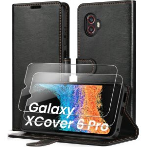 TRAHOO-Coque pour Samsung Galaxy Xcover 6 Pro avec 2 Pi&egrave;ces Verre Tremp&eacute;, [Blocage du Signal RFID] Housse en Cuir PU Premium Etui &agrave; Rabat &Eacute;tui de Protection Antichoc Pochette de Portefeuille, Noir - Neuf