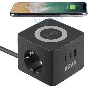 Cube Multiprise avec USB C + Charge sans Fil 10W, 6 en 1 Multiprise avec Interrupteur + 2 Prises + 2 USB C+1 USB A, 2500W/10A Cube Prise Multiple Prise USB pour Maison Cuisine Bureau, Cable 1.5m,Noir - Neuf