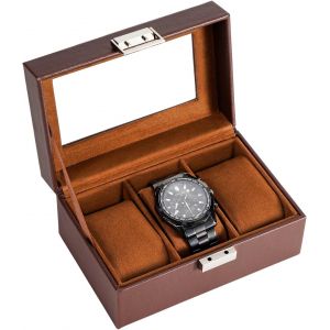 Kal-Boite À Montre Antichoc, Coffret Montre Homme Avec 3 Emplacements Coussins Montre, Rangement Montre Avec Couvercle En Verre, Pour Passionné D`Horlogerie -Marron - Neuf