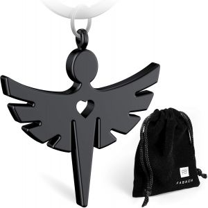 Kal-Porte-Cl&eacute;s Ange Gardien Avec Coeur. Pendentif En Forme D'ange En M&eacute;tal Noir. Cadeau Porte-Bonheur Pour La Voiture, Pour Permis De Conduire. Attention Sur La Route., 1 X Noir (Mat) - Neuf