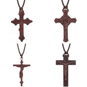 Inri Chrétien Orthodoxe Crucifix Jésus Pendentif Colliers Pour Hommes Rouge Umbila Bois Croix Collier Chaînes De Corde En Cuir Réglables - Neuf
