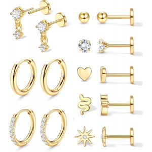 Kal-8 Paires Boucles D'oreilles Femme Acier Inoxydable Boucle D'oreille Femme Or 18 Carats Piercing Oreille Tragus, Boucles D Oreilles Créoles Cartilage Helix Piercing Oreille Homme,Or/Argent - Neuf