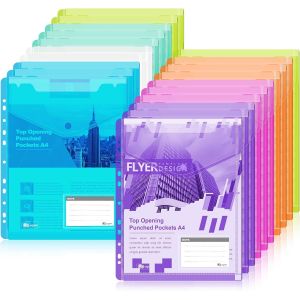 Eryi-20 Pochette Porte-Documents A4 Classables, 7 Couleurs Pochette Classeur Avec Bouton Pression, Pochettes Transparentes Avec 11 Bords Perforés Et Pochettes A4 Pour Étiquettes Pour Classeurs - Neuf