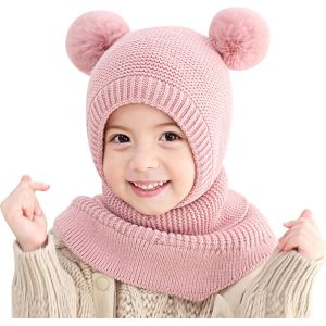 Kalanka-Cagoule Hiver Pour Fille Gar&ccedil;on Bonnet &Eacute;charpe Ensamble B&eacute;b&eacute; Enfant Chaud Double Pompon Balaclava Casquette Polaire Cache Cou Oreilles Chapeaux Pour 2 &Agrave; 5 Ans - Neuf