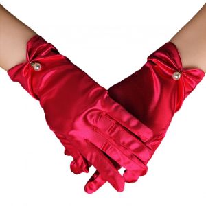 Gants De Mariée Rétro En Satin Lisse, 1 Paire, Fausses Perles, Poignets Plissés, Couleur Unie, Gants De Mariage Vintage-Vin Rouge - Neuf