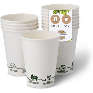 Kal-50x Gobelets Jetables 300 Ml / 12 Oz Ø 90 Mm Blanc Avec Motif Environnemental - Gobelet Carton Sans Plastique Et En Matériaux Durables - Gobelet Cafe - Neuf