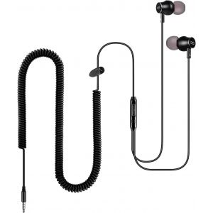 CHECARZHN--NO1-Extra Long Casque Filaire Pour Tv Avec 12 Pieds À Ressort Enroulé Câble D'Extension, Écouteurs Intraauriculaires Pour Périphériques De Sortie Audio 3,5 Mm Stéréo, Métal, Bass Écouteurs - Neuf