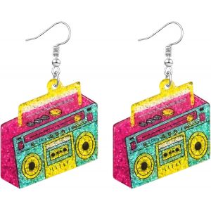 Kal-Boucles D'oreilles De Carnaval Femme, Boucles D'oreilles Néon Femme Année 80 Rétro Boucle Doreille Cassette Pour Accessoires De Fête De Carnaval Des Années 70, 80, 90 - Neuf