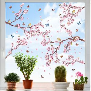 Stickers Muraux Fleurs Rose,Stickers Fenêtre Colibri Papillon,Autocollants Muraux Fleurs De Cerisier De Chambre À Coucher,Rose Sticker Muraux Chambre Fille,Autocollant Mural Plante Salon Décor - Neuf