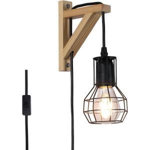 Applique Murale Cage Noir Bois Industrielle Cord Moderne-Lampe &Agrave; Suspension Rustique Luminaire Suspendre R&eacute;glable-Int&eacute;rieur E27 Murale Lampe Vintage Pour Salon Chambre D'enfant Chevet - Neuf