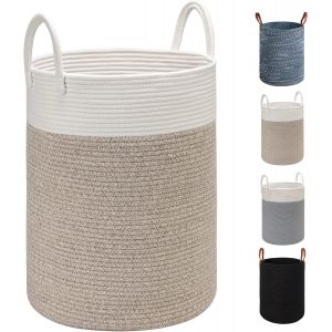 MEVRONISSHOP-Grand panier &agrave; linge en corde de coton - 40 cm (P) x 50 cm (H) - Panier tiss&eacute; pliable avec poign&eacute;es en cuir pour ranger v&ecirc;tements, couches, jouets (blanc/marron) - Neuf