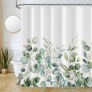 KAL-Rideau Douche Anti Moisissure, Rideau Douche 180X220Cm Vert Sauge Feuilles D'Eucalyptus Fleuri Rideaux De Baignoire Tissu Lavable Imperméable Polyester Rideaux Salle De Bain Avec 12 Crochets - Neuf