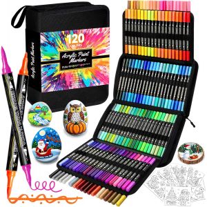 MEVRONISSHOP-120 Couleurs Feutre Acrylique, Acrylic Paint Marker Double Pointe (Fines et Pinceau), Coloriage Stylo Marqueur Acrylique pour Papier, Verre, Galet, M&eacute;tal, Plastique, Textile, C&eacute;ramique, - Neuf