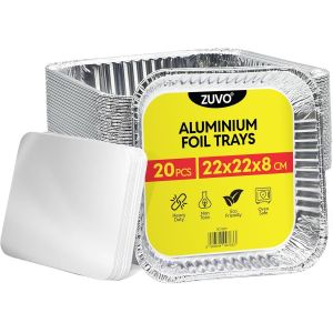Checarzhn--No1-Grands Plateaux Jetables En Aluminium Avec Couvercles En Papier 22 X 22 X 8 Cm, Récipients À Emporter Parfaits Pour La Cuisson, Le Rôti, La Cuisson Des Aliments (20 Plateaux Et Couverc - Neuf