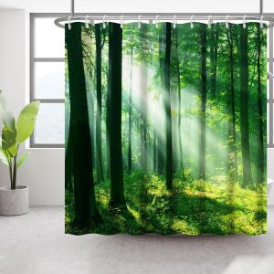 180x180cm Rideau De Douche ForêT Matin-LumièRe du Soleil,Impression 3D Paysage Forestier,Naturel,Vert,éTanche pour Salle De Bain - Neuf