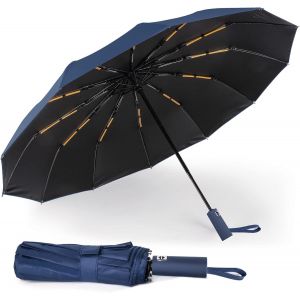 meimie-Parapluie Pliable Coupe-Vent 12 Baleines Renforcées Pour Homme Et Femme,Compact,Léger,Ouverture Et Fermeture Automatiques,Solide Et Portable,Bleu Profond,12 Baleines - Neuf