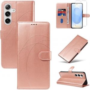 CAUC-Coque pour Samsung Galaxy S25 5G avec 1 Pi&egrave;ce Protection &Eacute;cran en Verre Tremp&eacute;, Housse PU Cuir &agrave; Rabat Flip, &Eacute;tui Support et Portefeuille Fonction (Or Rose) - Neuf