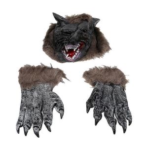Gant Mitaines Loup Costume Tête Masque Loup Griffe Prop Halloween Loup-Garou Costume Loup Cosplay Patte Gants Loup-Garou Masque Complet Tête - Neuf