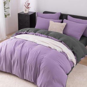 Parure De Lit Double En Mousseline 200 X 220 Cm - Violet Et Gris - 100 % Coton - Douce Et Respirante - 3 Pièces - Avec Fermeture Éclair Et 2 Taies D'oreiller De 80 X 80 Cm - Neuf