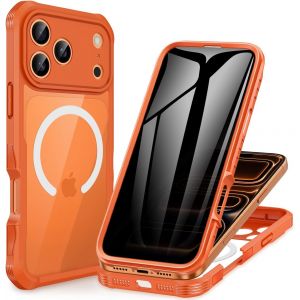 JGD-Magn&eacute;tique Anti Espion Coque iPhone 17 Pro Max [Compatible avec MagSafe] int&eacute;gr&eacute; 9H Verre Tremp&eacute; Protection &eacute;cran et Protection Cam&eacute;ra, Antichoc T&eacute;l&eacute;phone Housse Case Int&eacute;grale Etui -Orange - Neuf