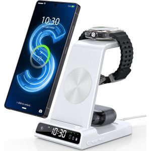 Chargeur Induction Fil Pour Samsung Galaxy S24 Ultra/S25, Chargeur Sans Fil Avec Horloge Num&eacute;rique Pour Samsung Galaxy Watch 8/7, Wireless Charger Pour Galaxy S23, Fold 7/Flip 4, Active 2 (Blanc) - Neuf