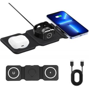Chargeur Induction 3 En 1 Pour Phone 14/15/16 Pro Max, Montres Intelligentes (Ultra/8/7/6/5/Se) Et Casques Bluetooth, Pliable, Station De Charge Rapide Sans Fil, S&eacute;curis&eacute;e Avec Protection Intelligent - Neuf