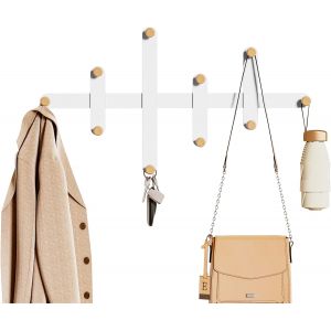 Porte-manteau mural en m&eacute;tal - Blanc - Design minimaliste moderne - Porte-manteau avec 10 crochets en bois - Pour entryway, salon, chambre &agrave; coucher, bureau - Neuf