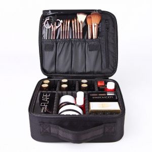 Trousse de maquillage de voyage (noire 25,5 x 22,5 x 10 cm), organiseur professionnel, trousse de maquillage portable étanche avec compartiment amovible - Neuf