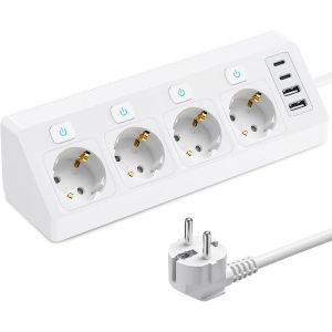 Multiprise d'angle &agrave; 4 prises avec interrupteurs, 2 USB et 2 Type-C, multiprise d'angle avec parasurtenseur, c&acirc;ble de 2 m, pour cuisine, bureau et bureau - Neuf