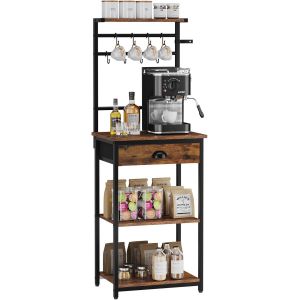 Étagère De Cuisine, Porte-Café En Bois À 5 Niveaux, Rangement Pour Machine À Café, Organisateur De Café Avec 8 Crochets, Tiroirs En Tissu, Pour Salon, Bureau, Marron Et Noir Hbr009H - Neuf