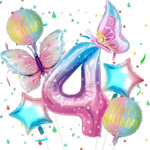 Ensemble Ballon Anniversaire 4 Ans Gradient D'&Eacute;toiles - 7Pcs Avec Grand Foil Num&eacute;ro 4, 40"" Baudruche - Deco Birthday Vole Gr&acirc;ce &Agrave; L'H&egrave;lium - Neuf