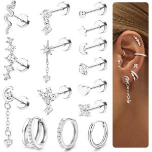 Kalanka-15 Pcs Piercing Helix Boucles D'oreilles Femme Acier Chirurgical Piercing Oreille Cartilage Boucles D'oreilles Pendantes Creoles Tragus Piercing Anneaux Conch Lobe Helix Piercing Or Argent - Neuf