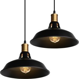 Kal-Suspension Lustre Industrielle Vintage Luminaire Plafonnier E27 Salon Abat-Jour Plafond En Métal Rétro Style Nordique Design Câble Réglable (Noir, 2pcs) - Neuf