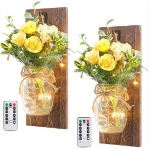 Appliques Murales En Pot Mason - Décoration Murale À Suspendre Avec Guirlande Lumineuse Led Et Rose Jaune, Décorations Murales De Style Ferme Pour Chambre À Coucher, Salon, Lot De Deux - Neuf