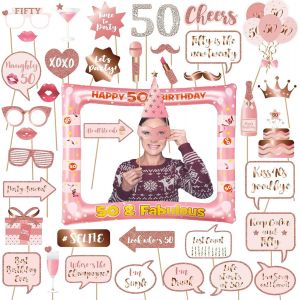 Photobooth 50 Ans,Or Rose Accessoires De Cabine Photo 39 Unisexe Funny Masquerade Kit Photobooth De Selfie,Grand Cadre Photo Gonflable,Photocall,Fournitures - Neuf