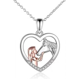 Collier Fille Et Cheval Pour Femme Et Fille Argent Coeur Pendentif Collier Cheval Et Fille Cha&icirc;ne Bijoux Cadeaux De Cheval - Neuf