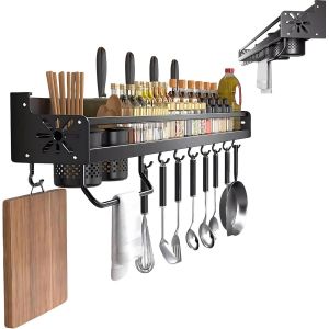 &Eacute;tag&egrave;re Murale Cuisine Sans Percer,&Eacute;tag&egrave;re &Agrave; &Eacute;pices Murale Gain De Place 50 Cm,Organisateur Multifonction Avec Porte-&Eacute;pices,Porte-Ustensiles Et 8 Crochets,Noir - Neuf