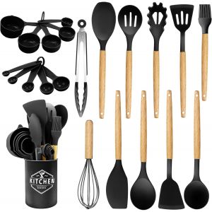 Mevronisshop-Ustensiles De Cuisine En Silicone 22 Pi&egrave;ces, Ensemble D'ustensiles De Cuisine Pour Casseroles Antiadh&eacute;sives, R&eacute;sistant &Agrave; La Chaleur Et Antiadh&eacute;sif Avec Poign&eacute;e En Bois, Ustensiles Sans B - Neuf