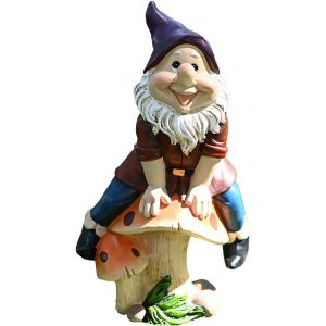 Statue D'un Nain De Jardin, Un Nain Voyou En Résine Assis Sur Un Champignon - Neuf